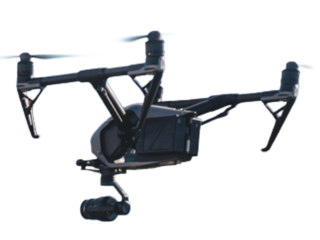 cinema drone with stabilized gimbal camera isolated on transparent background for aerial video production