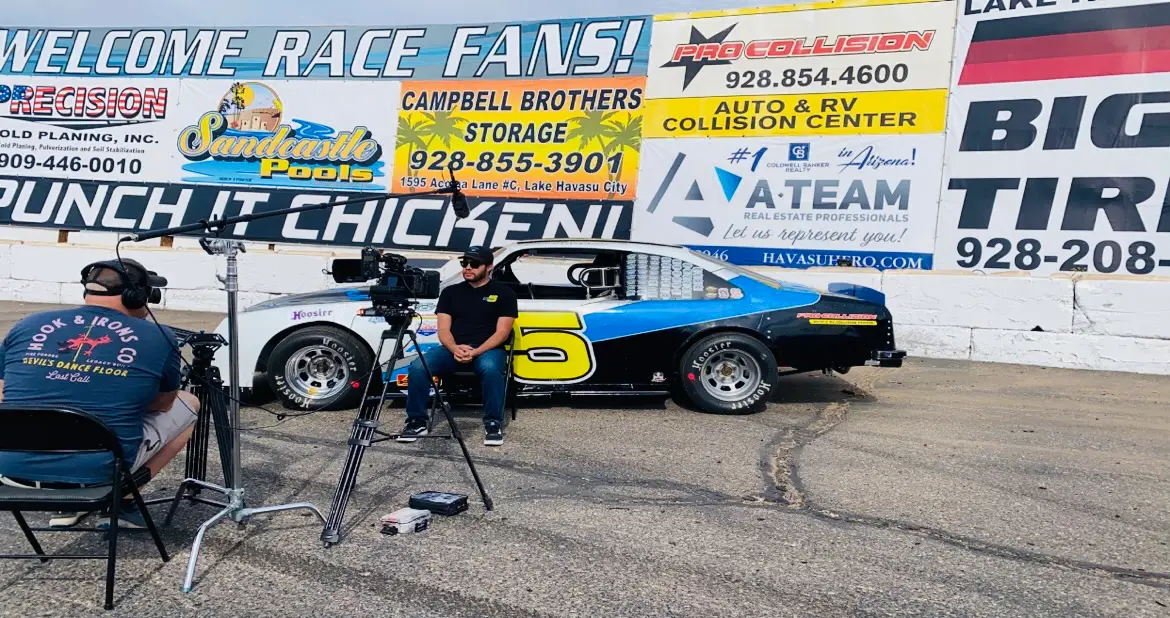 behind the scenes video production filming race car driver interview at Havasu 95 Speedway in Lake Havasu City Arizona