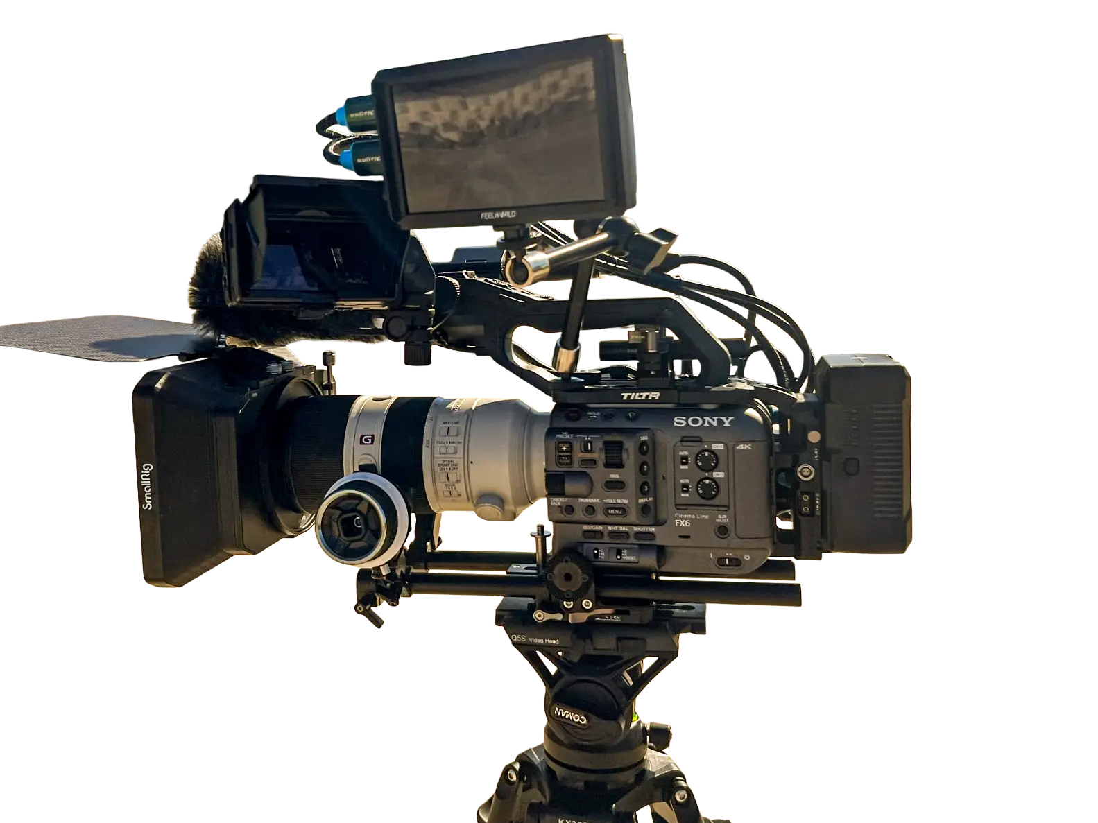 Sony FX6 cinema camera setup with professional video rig including monitor matte box and audio equipment